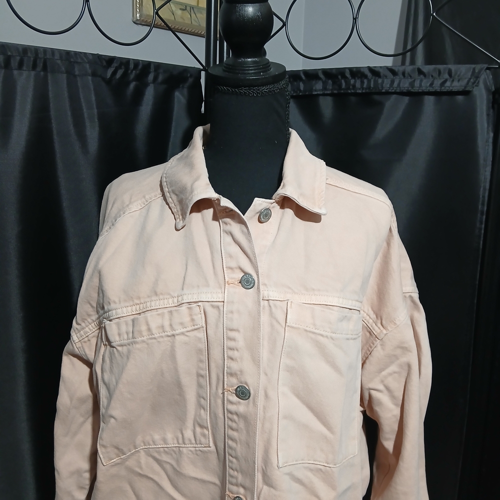 Old Navy Blush Pink Denim Trucker Jacket Butoon With Pockets Women's XL - Picture 3 of 8